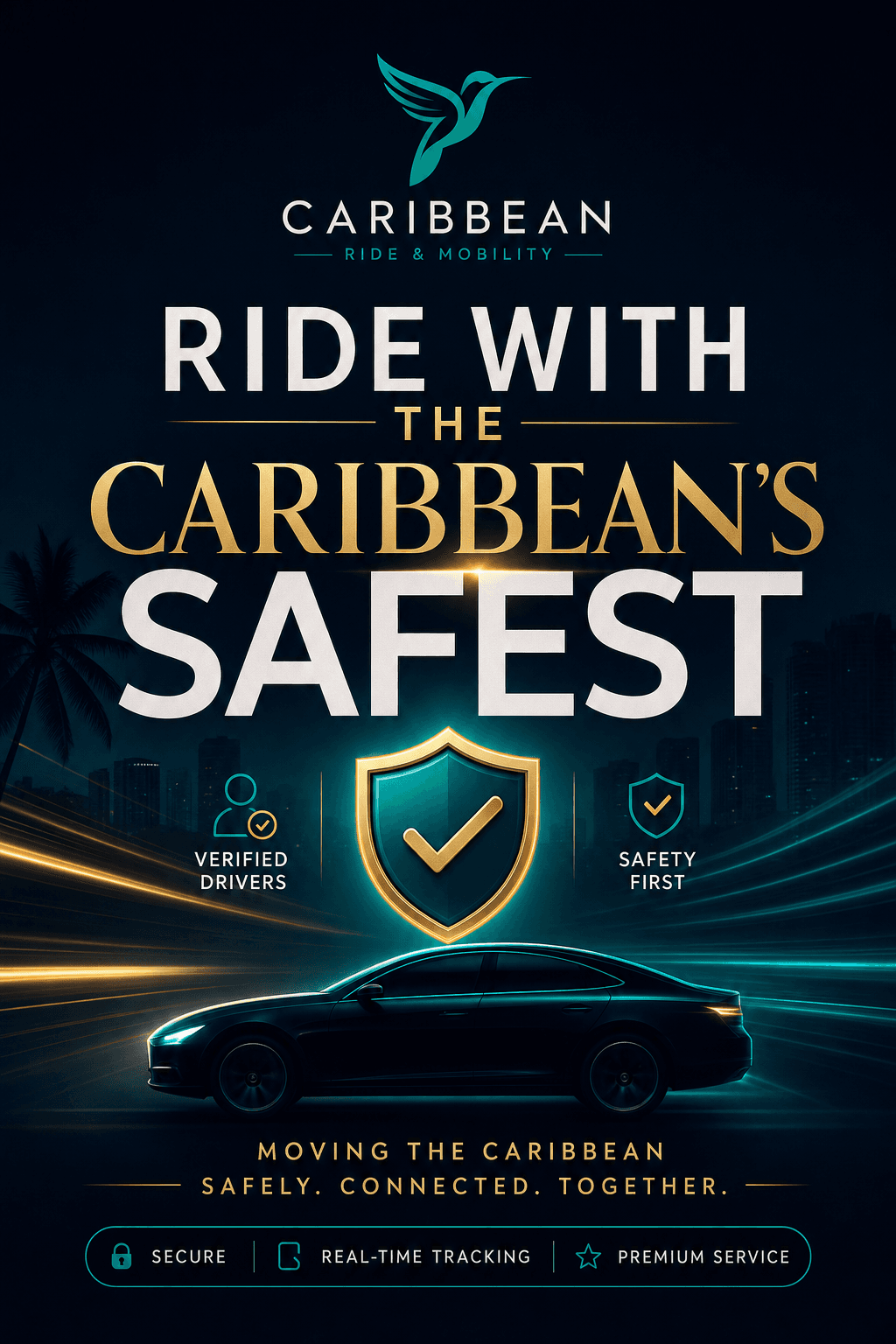 Graphique promotionnel IERE RIDE avec logo de bouclier de sécurité sur fond bleu marine.