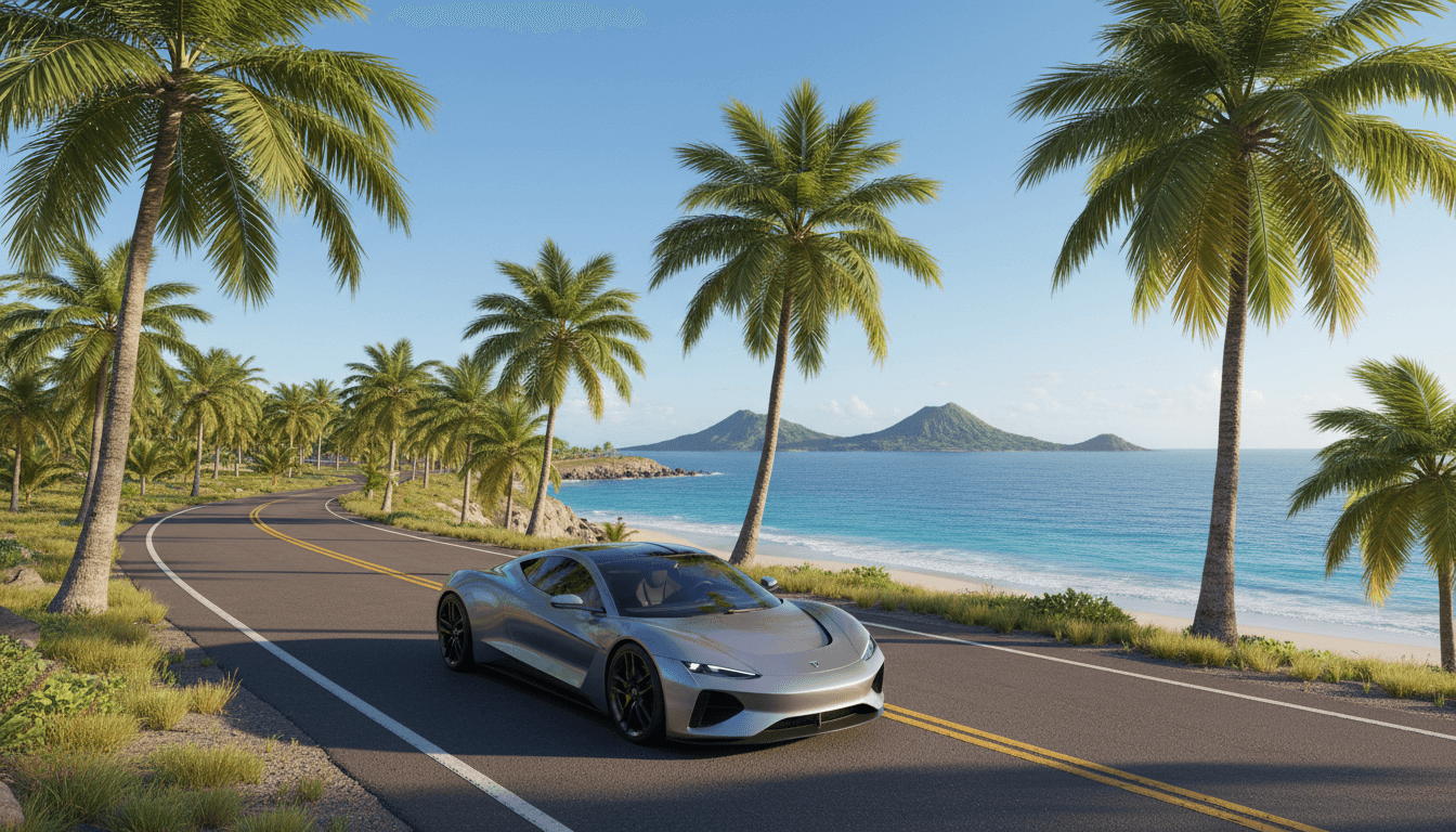 Modern car parked on a scenic tropical road with palm trees