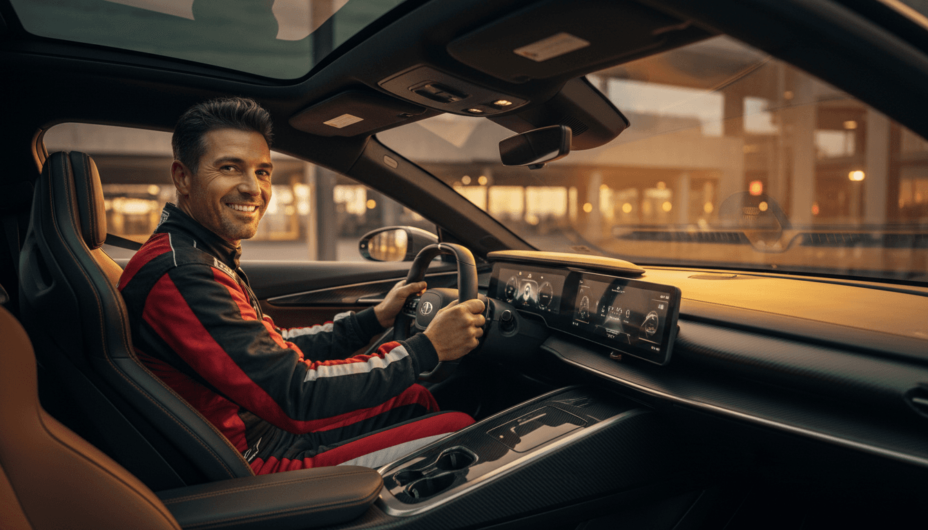 Driver in modern car interior smiling