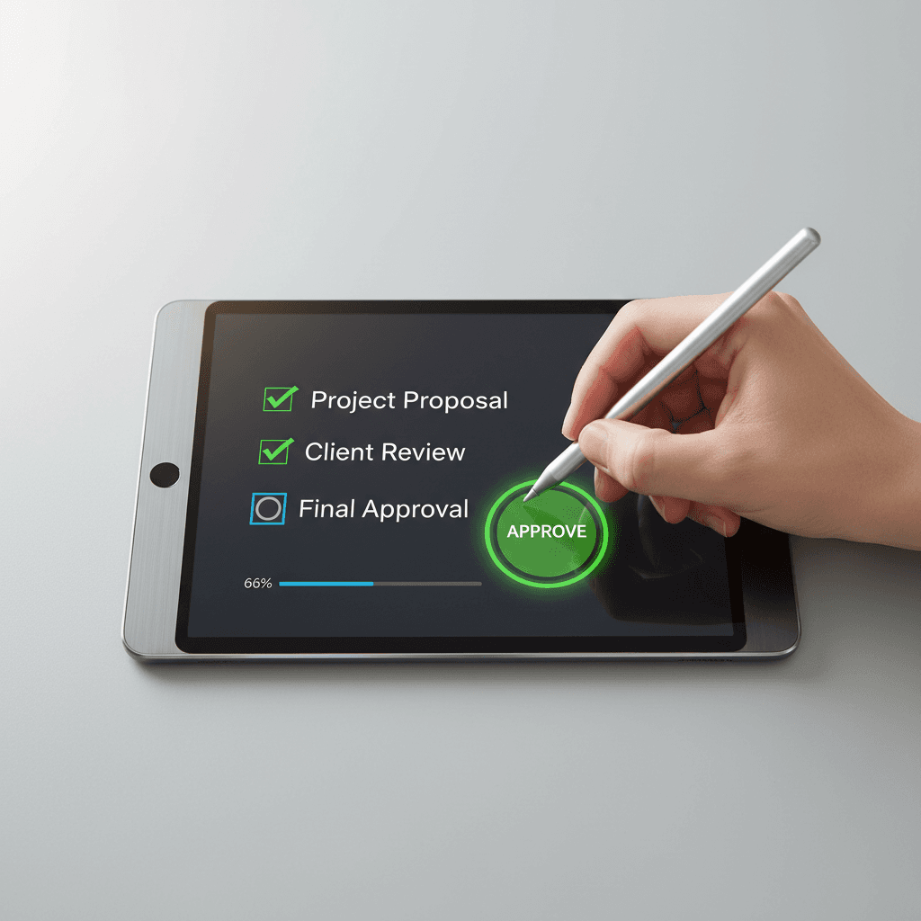 Hand approving a campaign on a tablet with a progress checklist