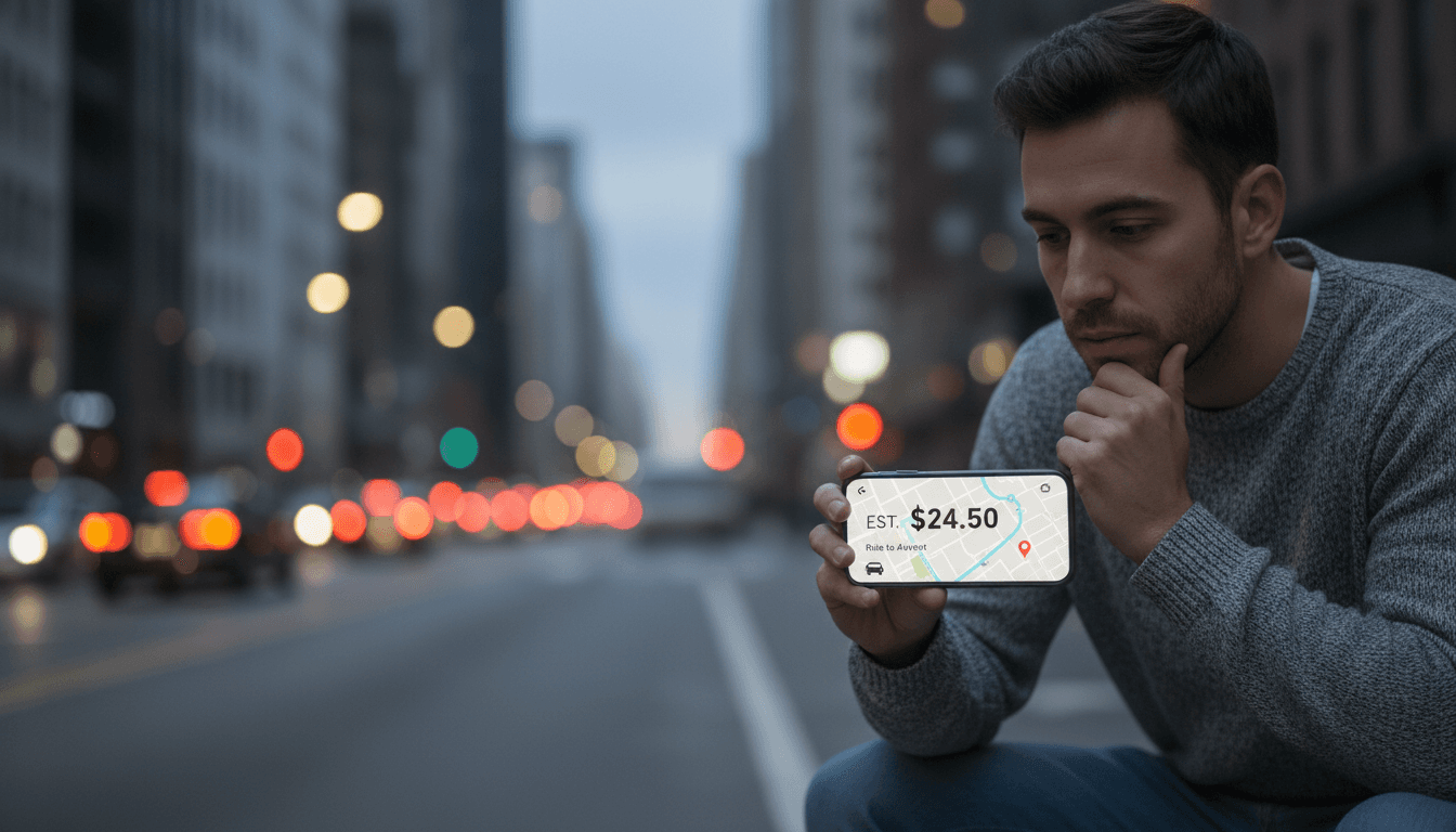 Person looking at smartphone showing a ride fare estimate