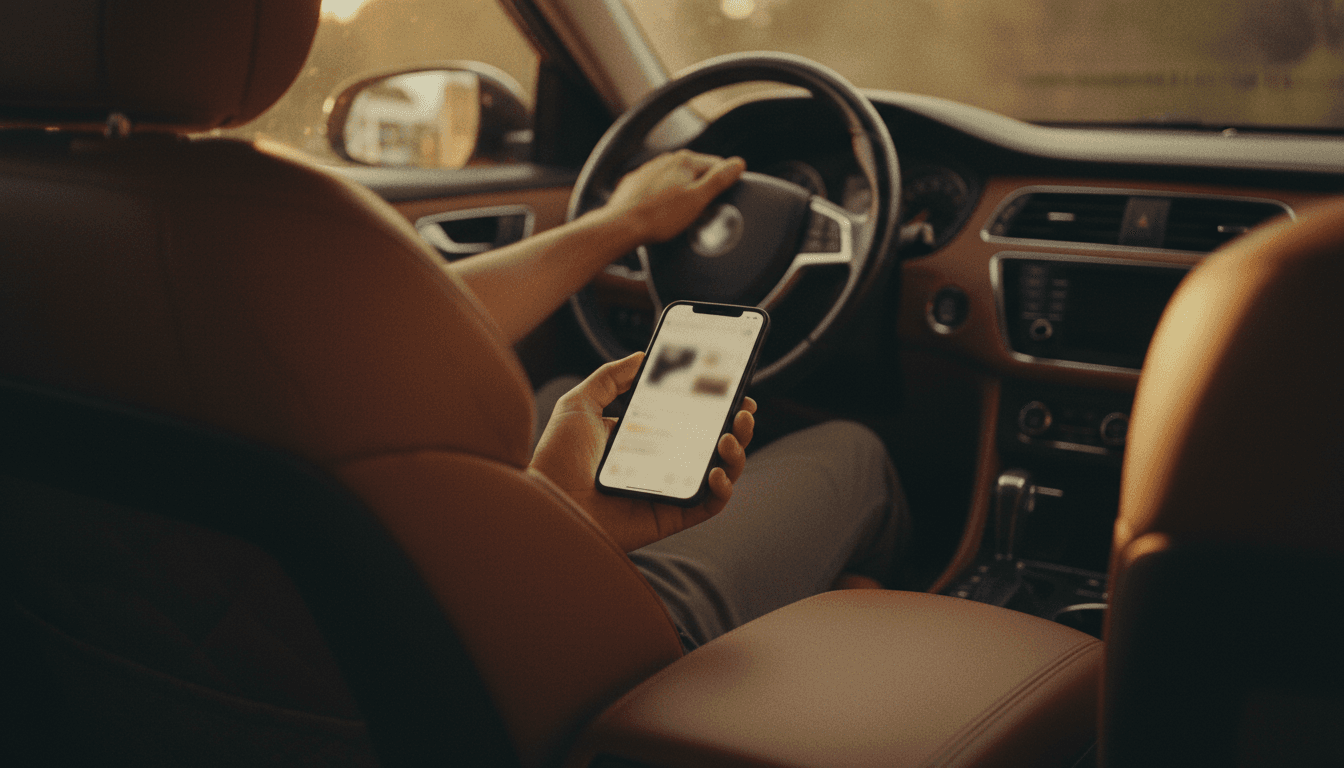 Passenger holding a phone with a ride-hailing app in a premium car interior