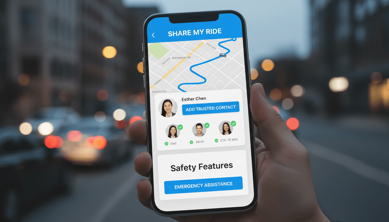smartphone screen showing ride-sharing feature with trusted contact interface