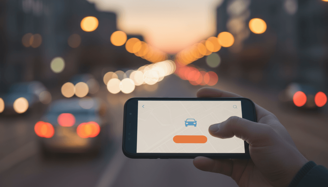 Hand holding a smartphone with a ride app in soft evening light