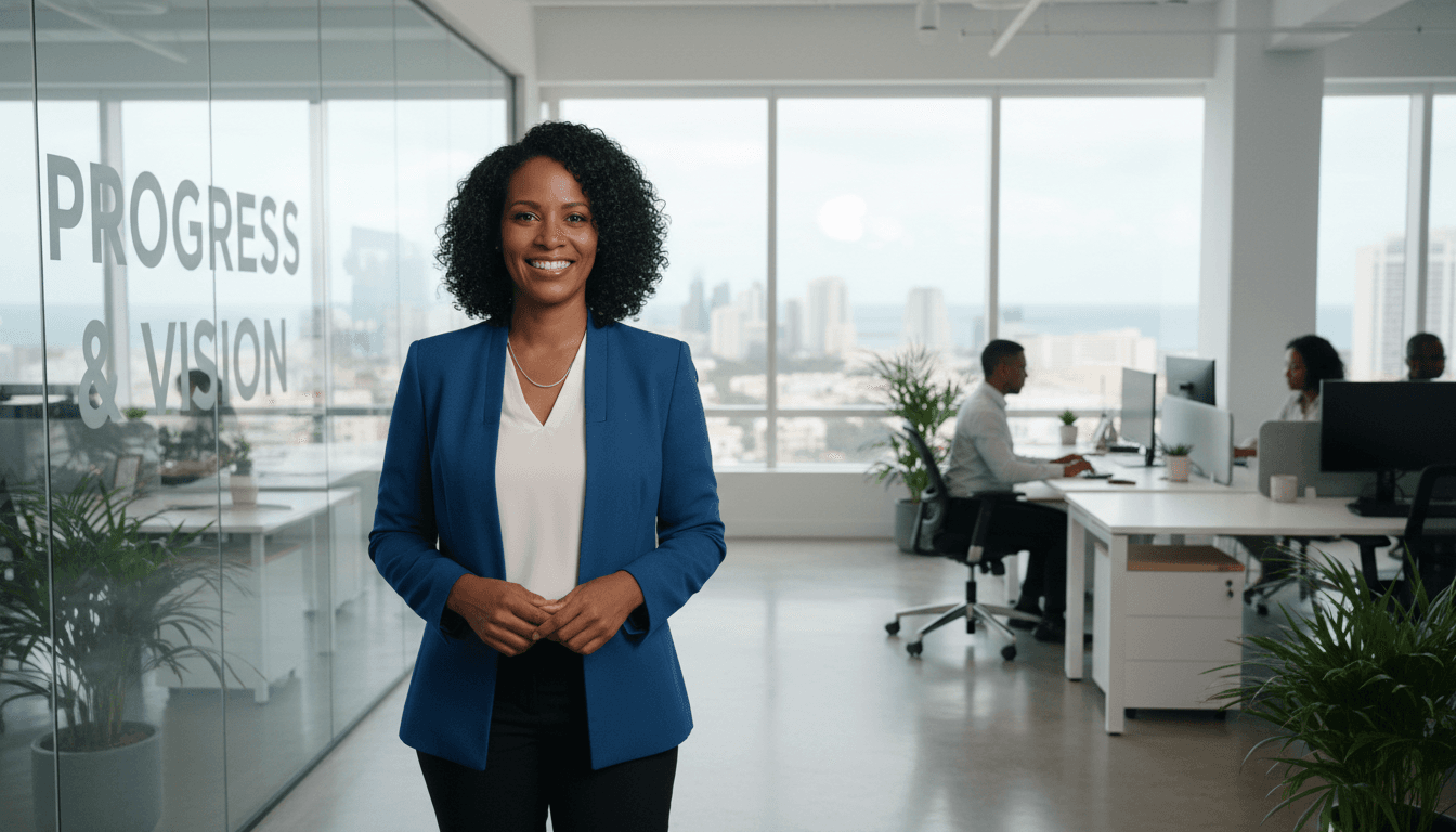 Professional woman smiling in a bright office
