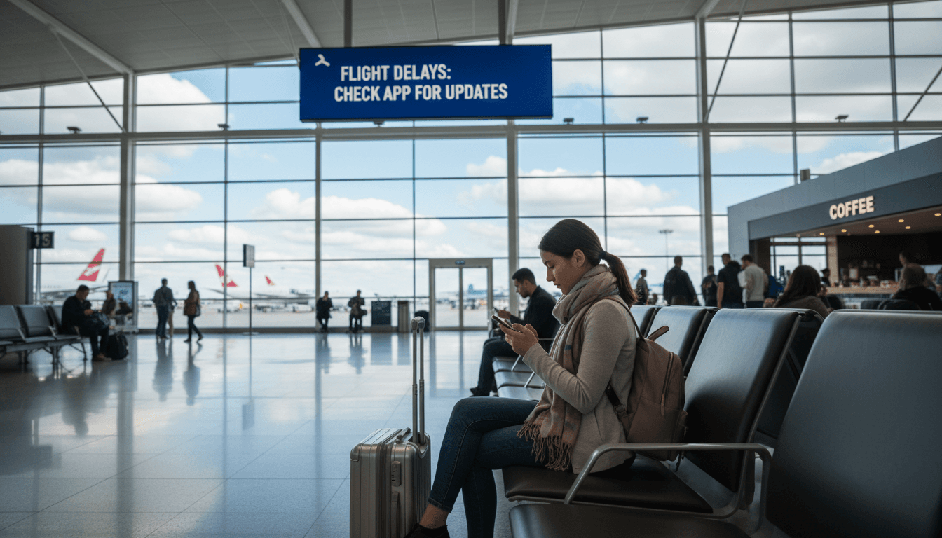 Passenger looking at smartphone in airport terminal with carry-on luggage