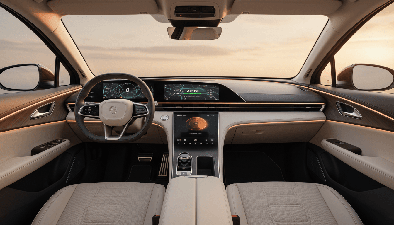 Modern car dashboard with safety interface display and ambient lighting