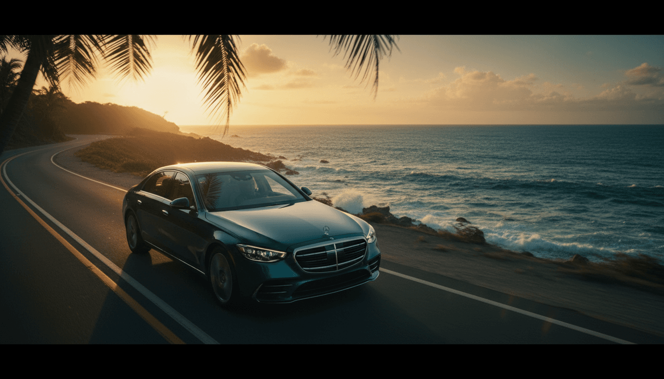 A luxury sedan driving along a coastal road at sunset in Trinidad, golden light on the car's hood, calm sea in the background.