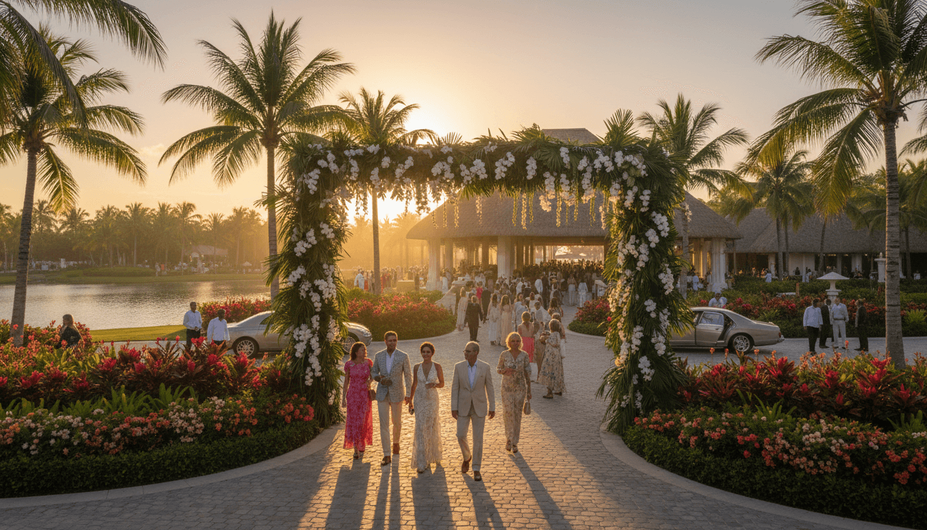 Guests arriving at an event venue in a tropical setting