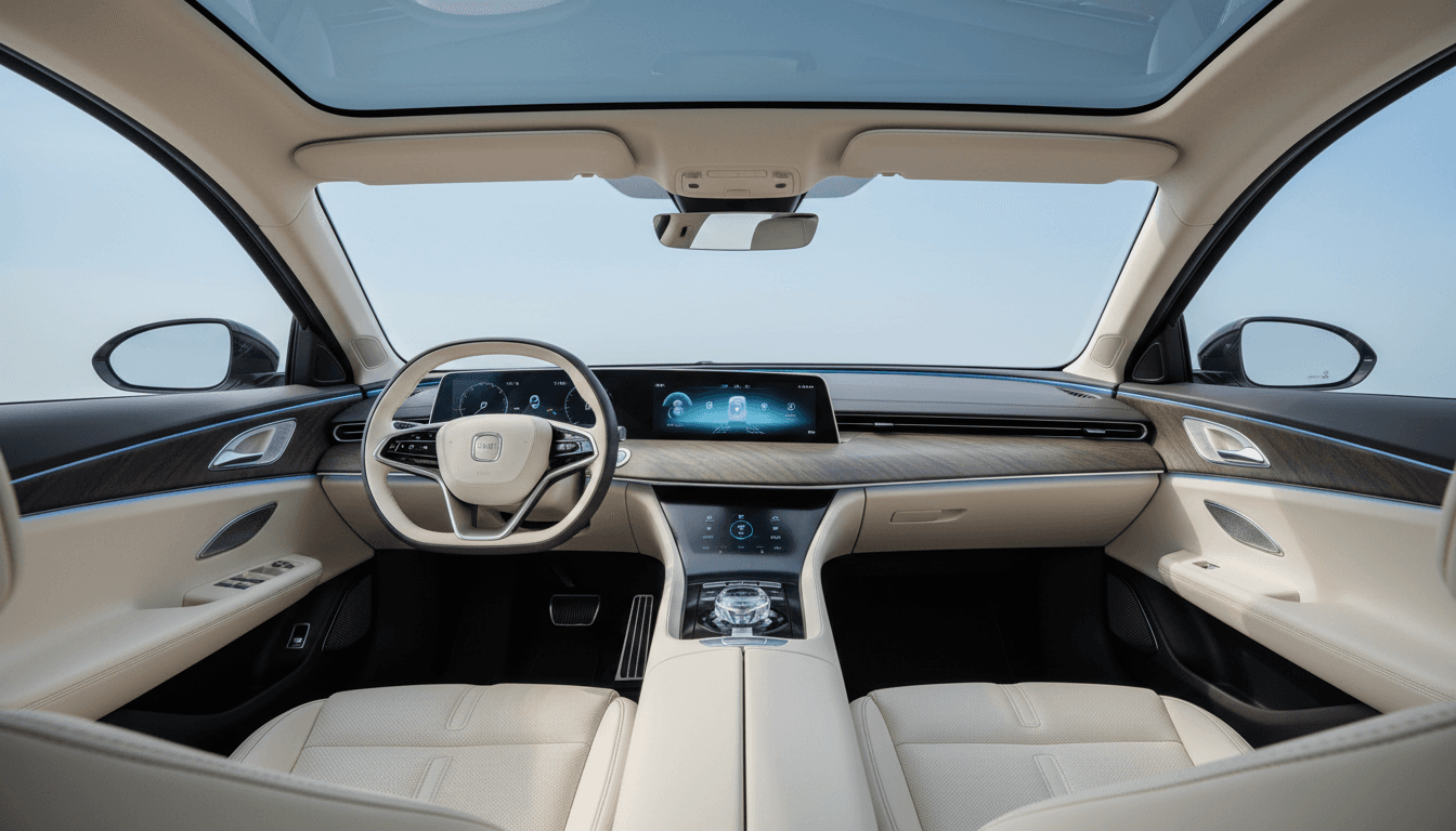 Clean modern car interior with steering wheel and dashboard