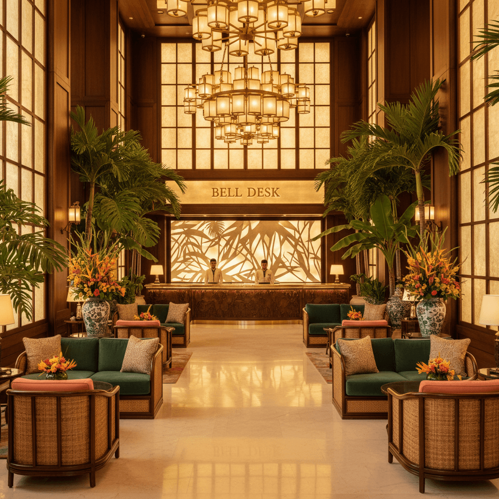 Elegant hotel lobby with tropical decor and warm lighting