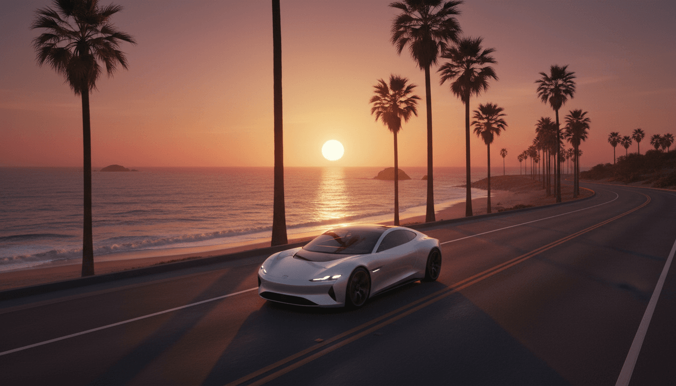 Modern luxury car driving on coastal road with palm trees and ocean view at sunset