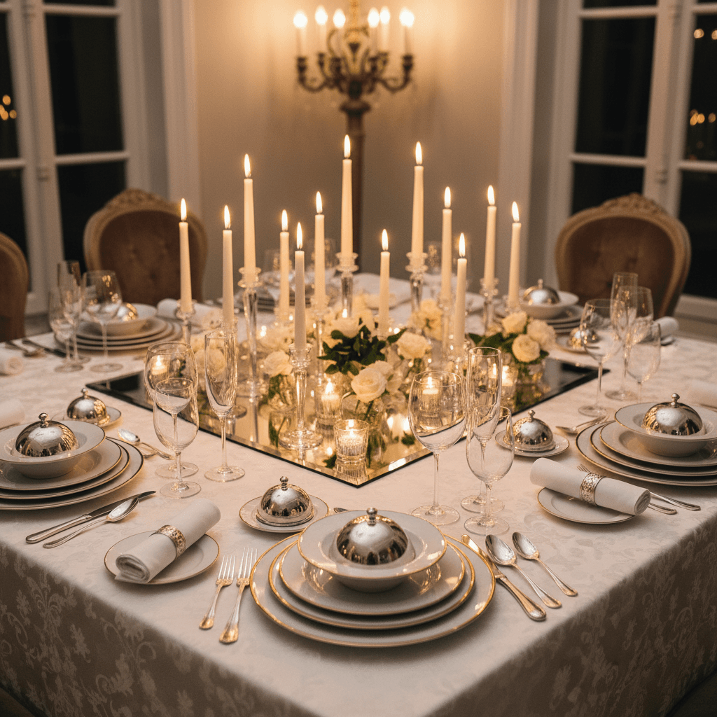 Formal dinner table with fine dining settings and candlelight