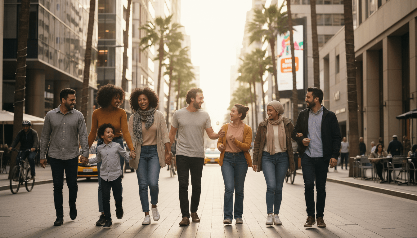 Group of people walking together on a bright city street