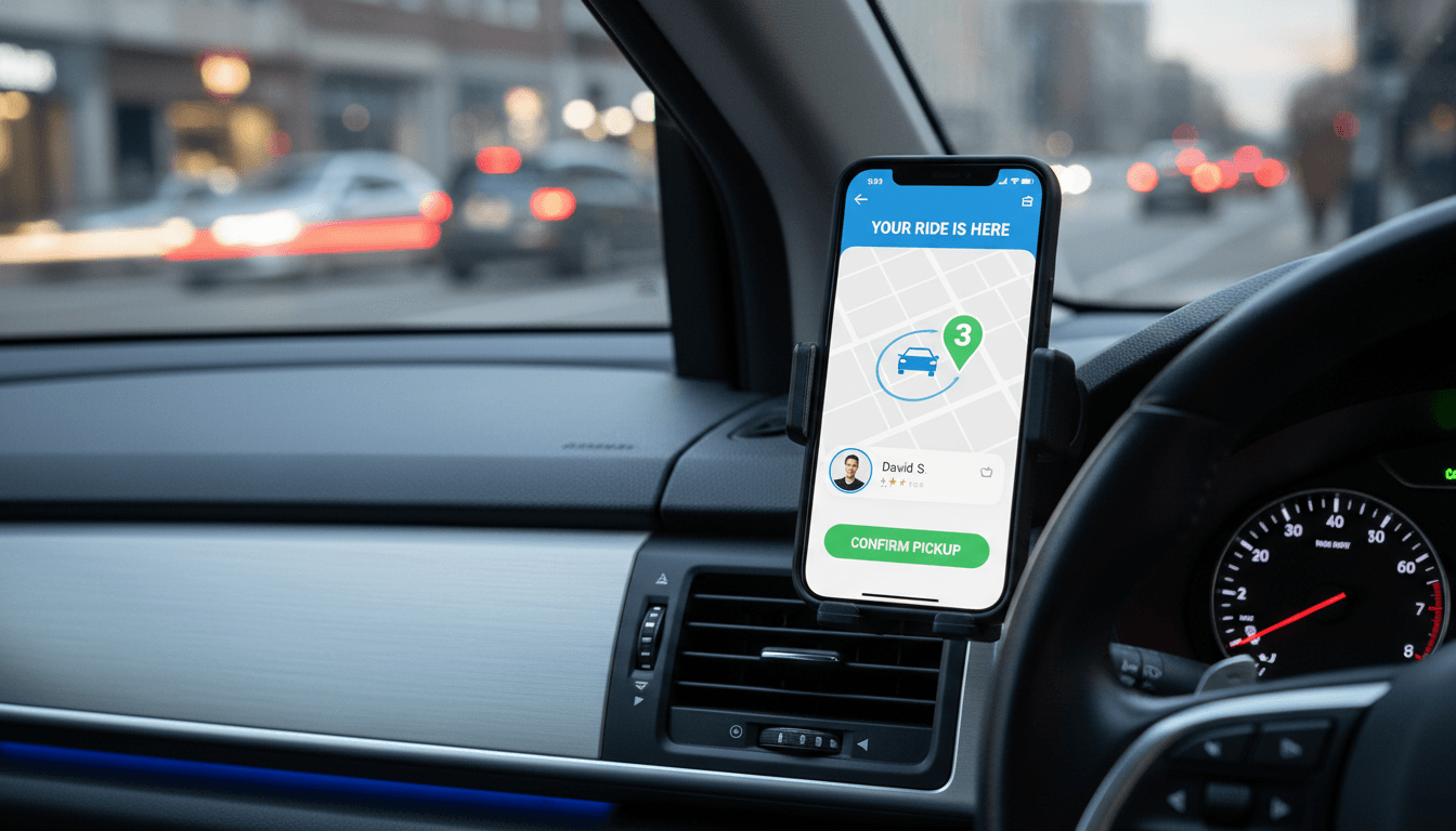 Smartphone displaying ride booking app in a car