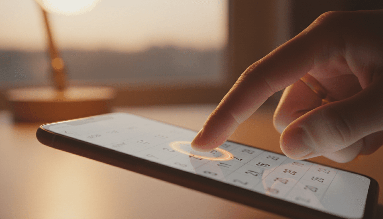 Hand selecting a date on a smartphone calendar app