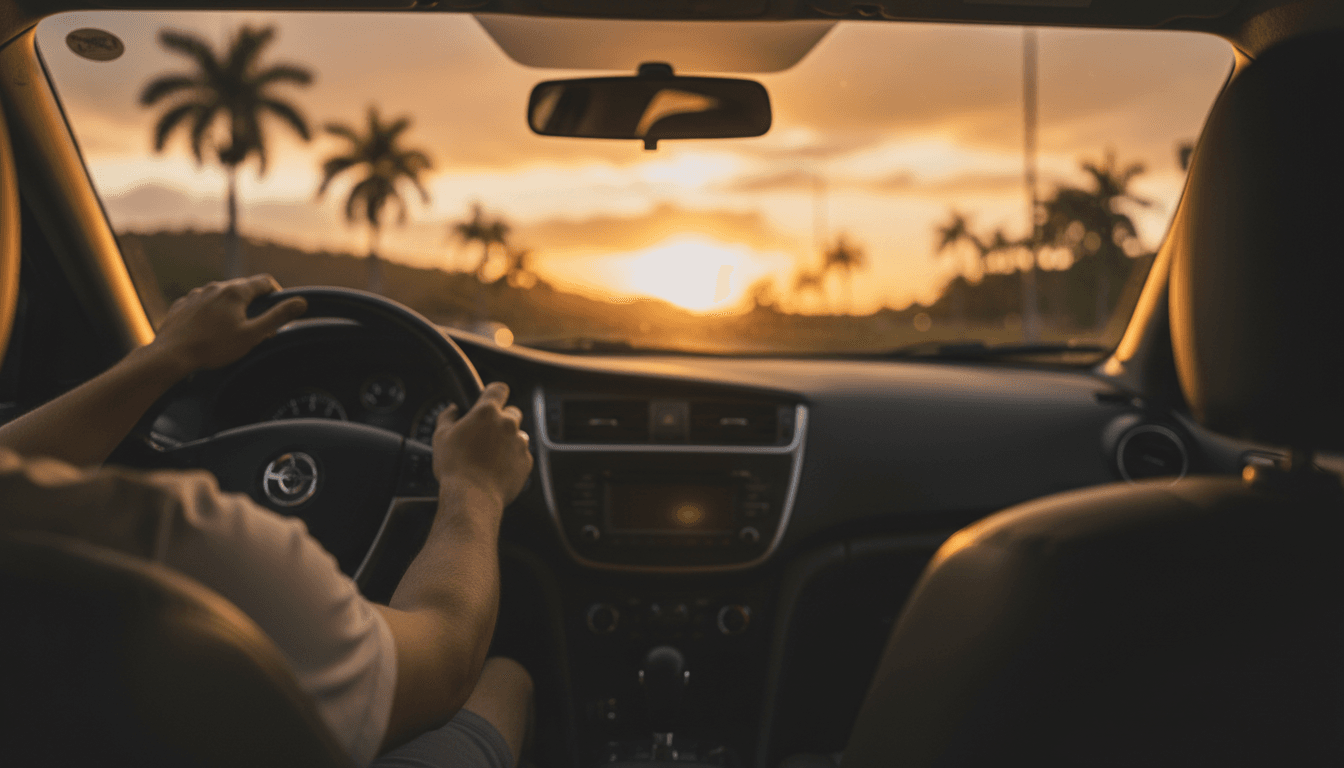 Hands on steering wheel in a modern car interior