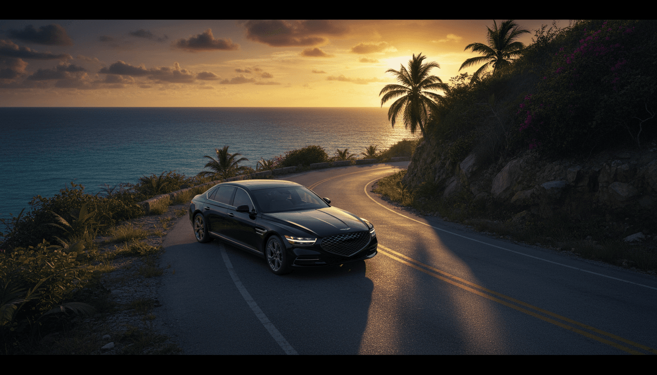 Luxury sedan parked on a scenic coastal road at golden hour