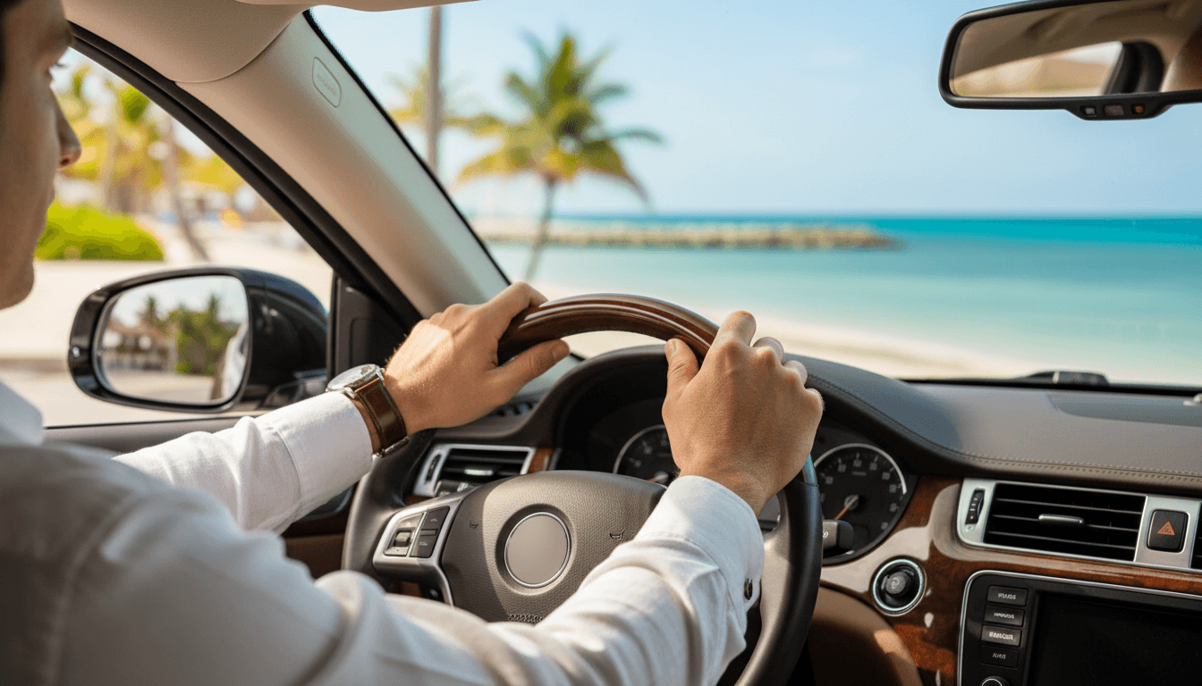 Driver's hand on steering wheel of a premium car