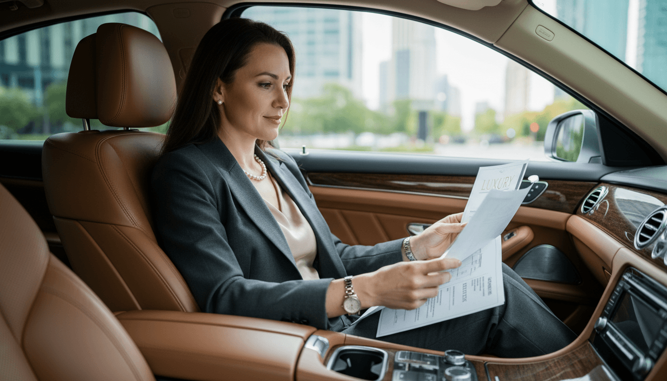 Professional reviewing documents in a luxury car