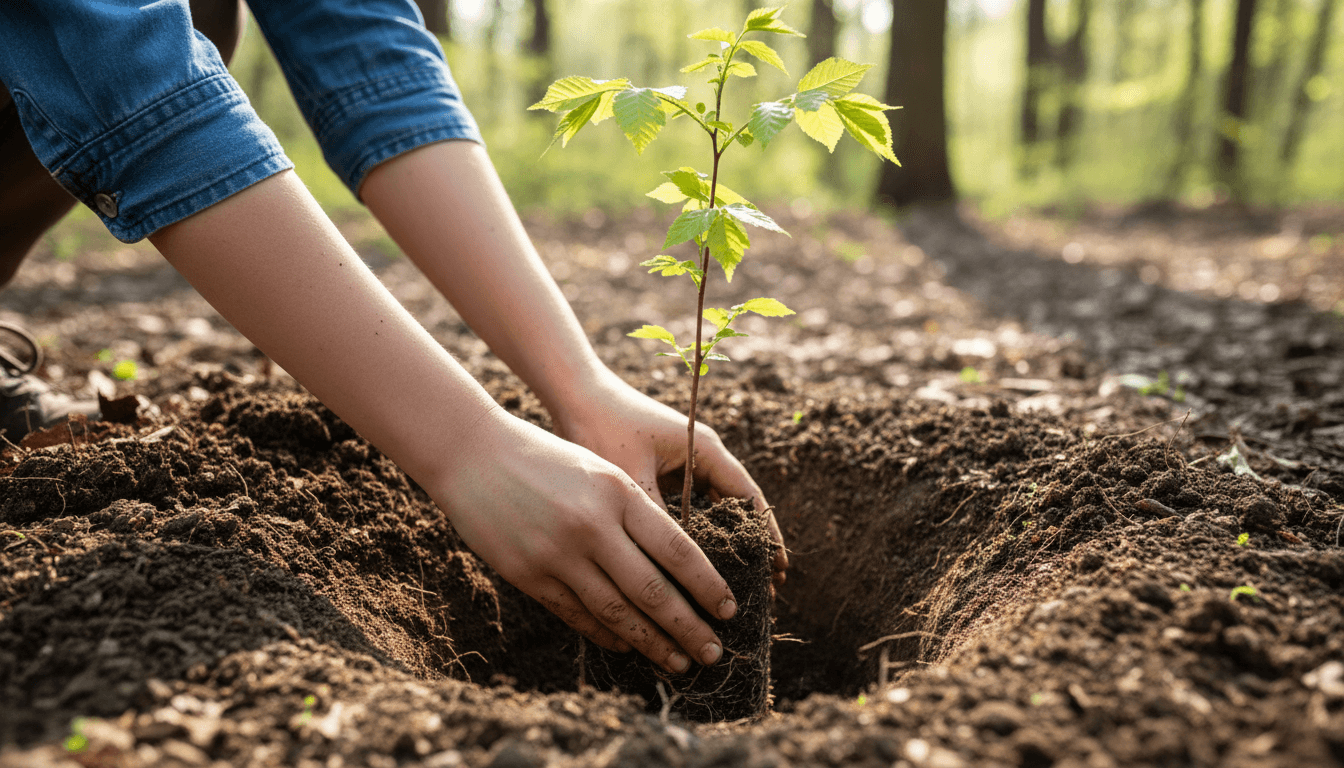 Manos plantando un pequeƱo brote de Ɣrbol en tierra fƩrtil.