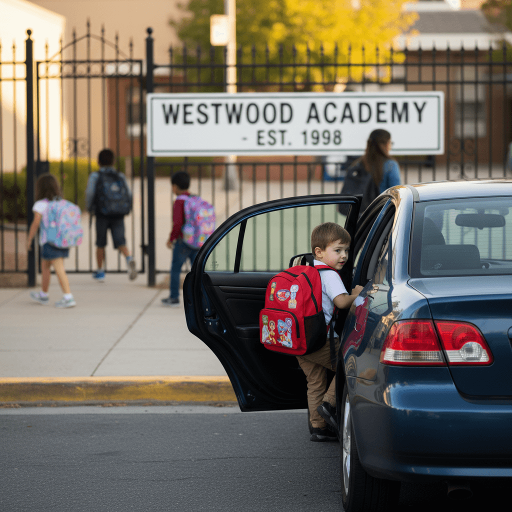 School run: a student getting into a waiting vehicle outside a school