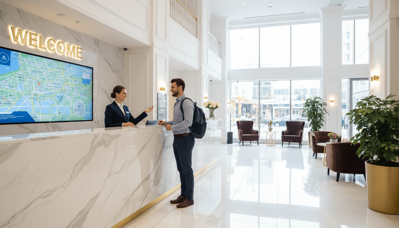 Hotel concierge assisting a guest in a bright lobby