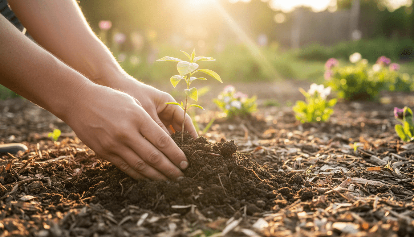 Hand planting a young tree seedling in rich soil with warm sunlight
