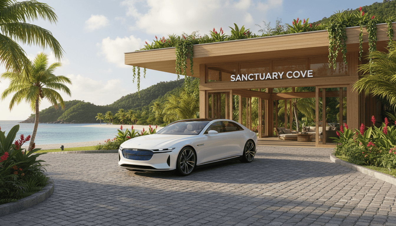 Modern luxury sedan parked outside a tropical building