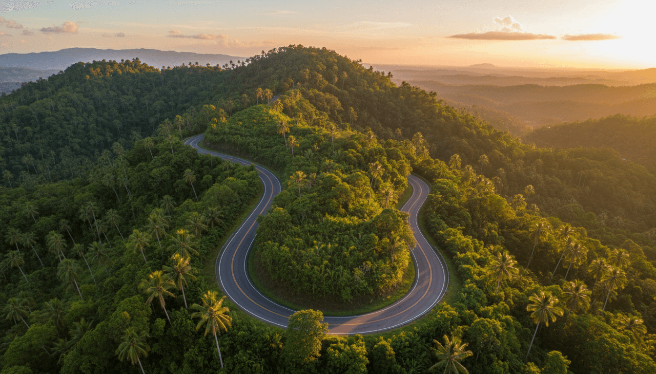 Scenic winding road through rolling green hills under golden sunset light
