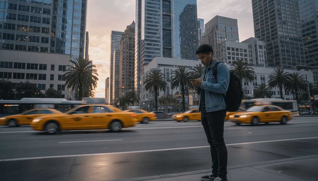 Person checking phone while waiting by a curb in the city