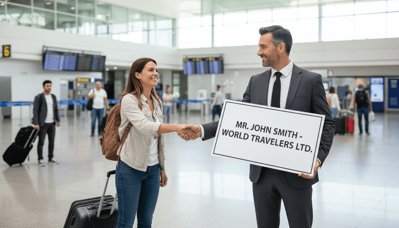professional driver holding sign at airport arrivals terminal with traveler