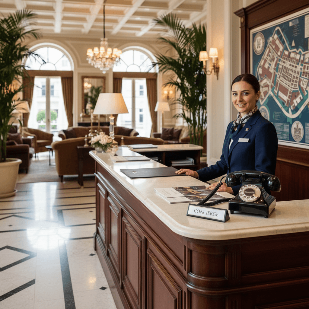 Concierge desk in a luxury hotel lobby with a telephone