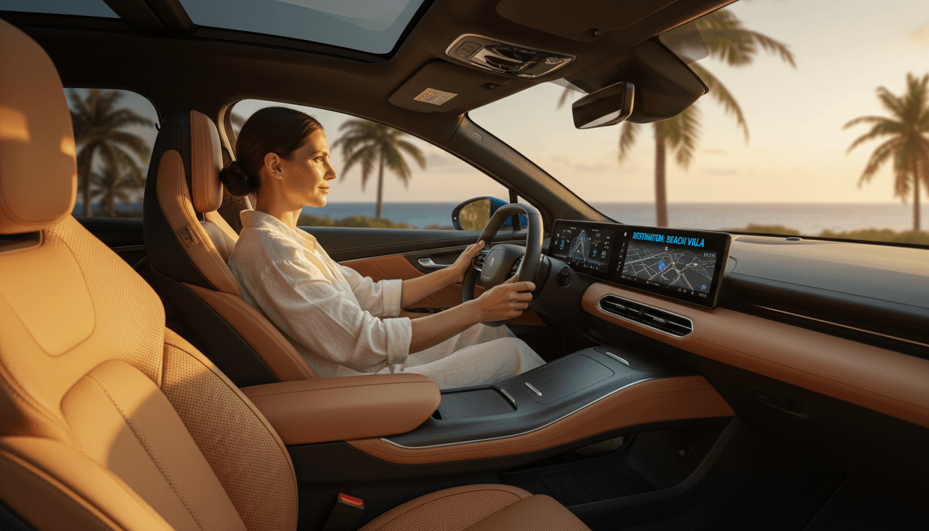 Modern car interior with leather seats and driver preparing to drive in warm tropical evening light