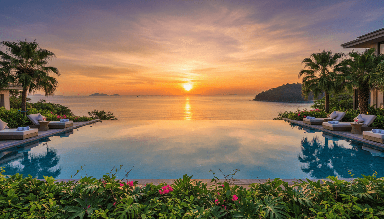 Luxury hotel pool overlooking ocean at sunset with tropical foliage