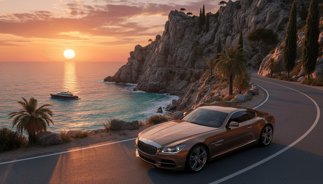 Luxury car on coastal road at sunset