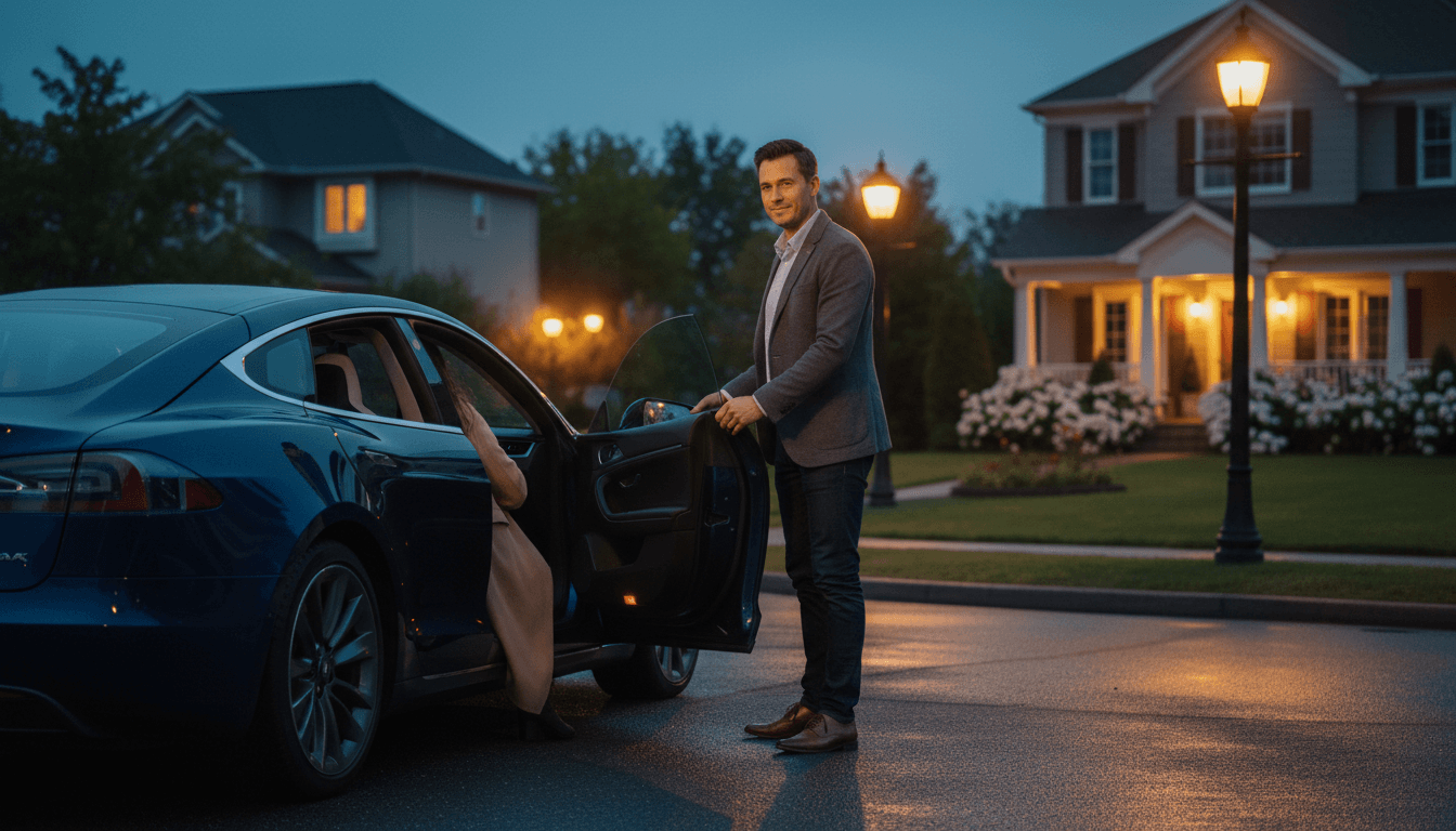 Driver in a premium sedan opening the door for a passenger at dusk