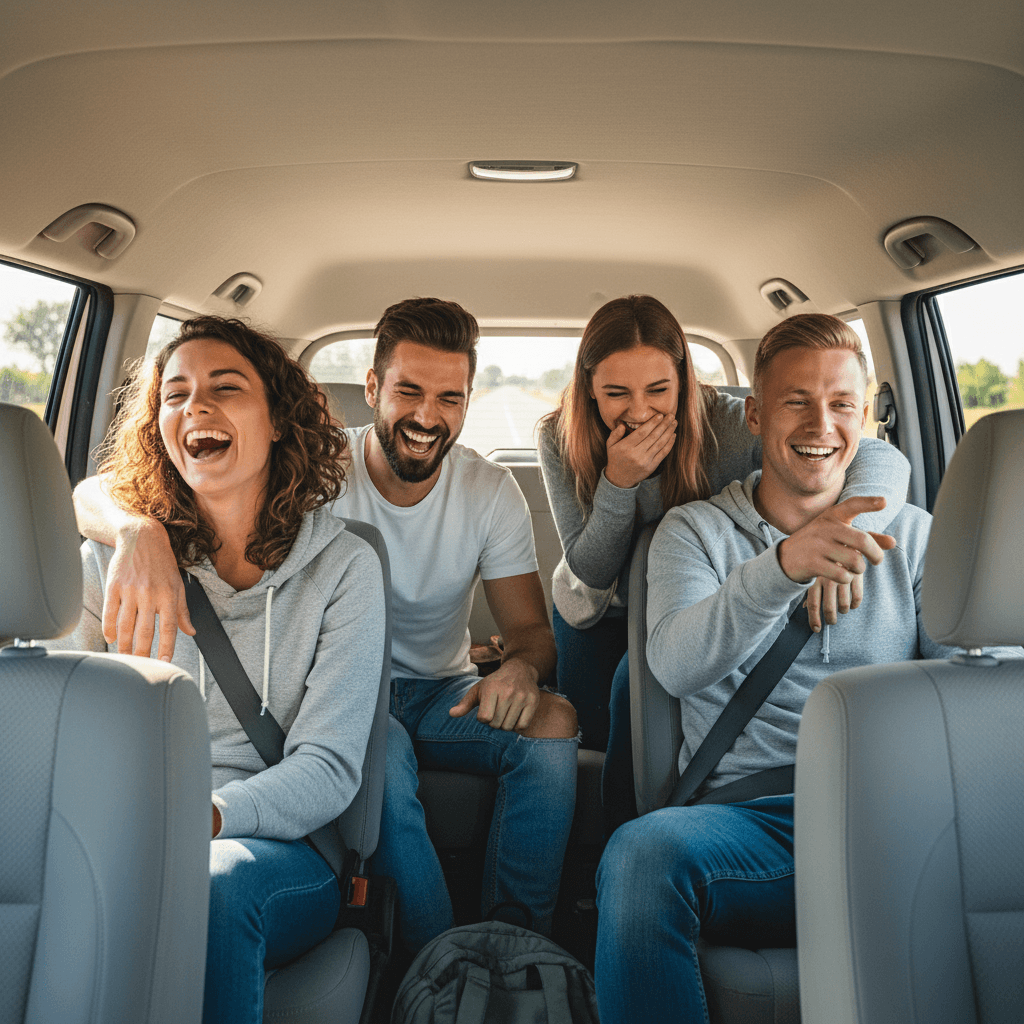 Group ride inside minivan, casual and comfortable atmosphere