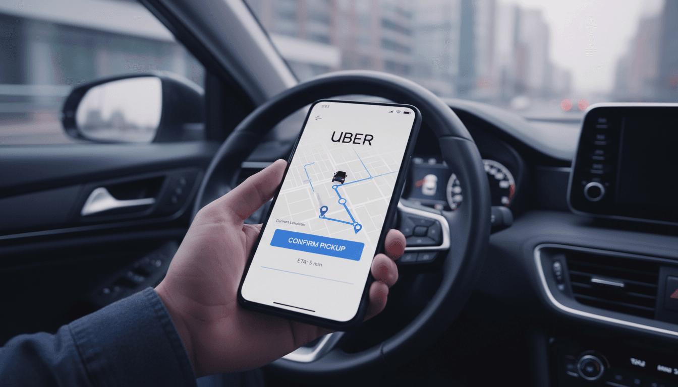 Person holding smartphone with ride-hailing map interface in car interior