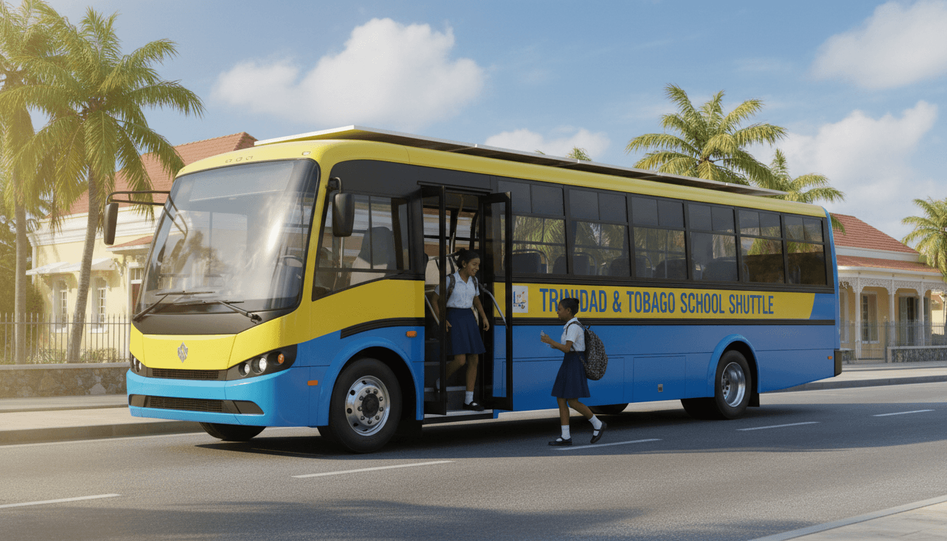 Bright yellow school bus with students boarding near a suburban road in bright daylight