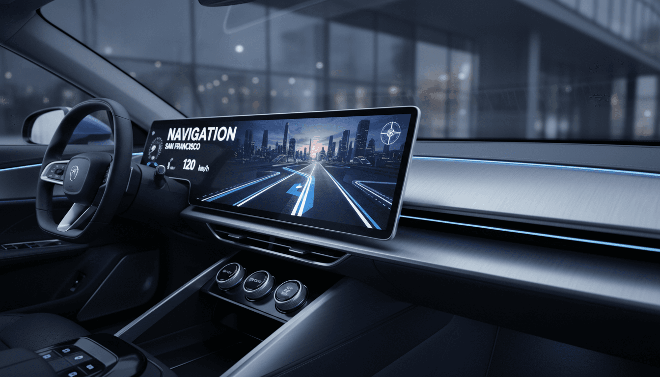 Modern car dashboard with touchscreen display showing navigation