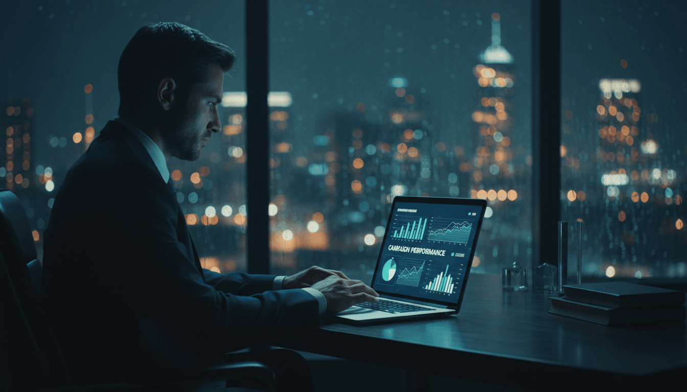 Professional reviewing campaign data on a laptop in a dark, luxurious office