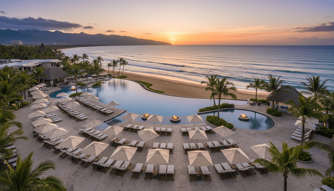 Aerial view of a tropical resort pool and coastline at sunset with luxury lounge chairs