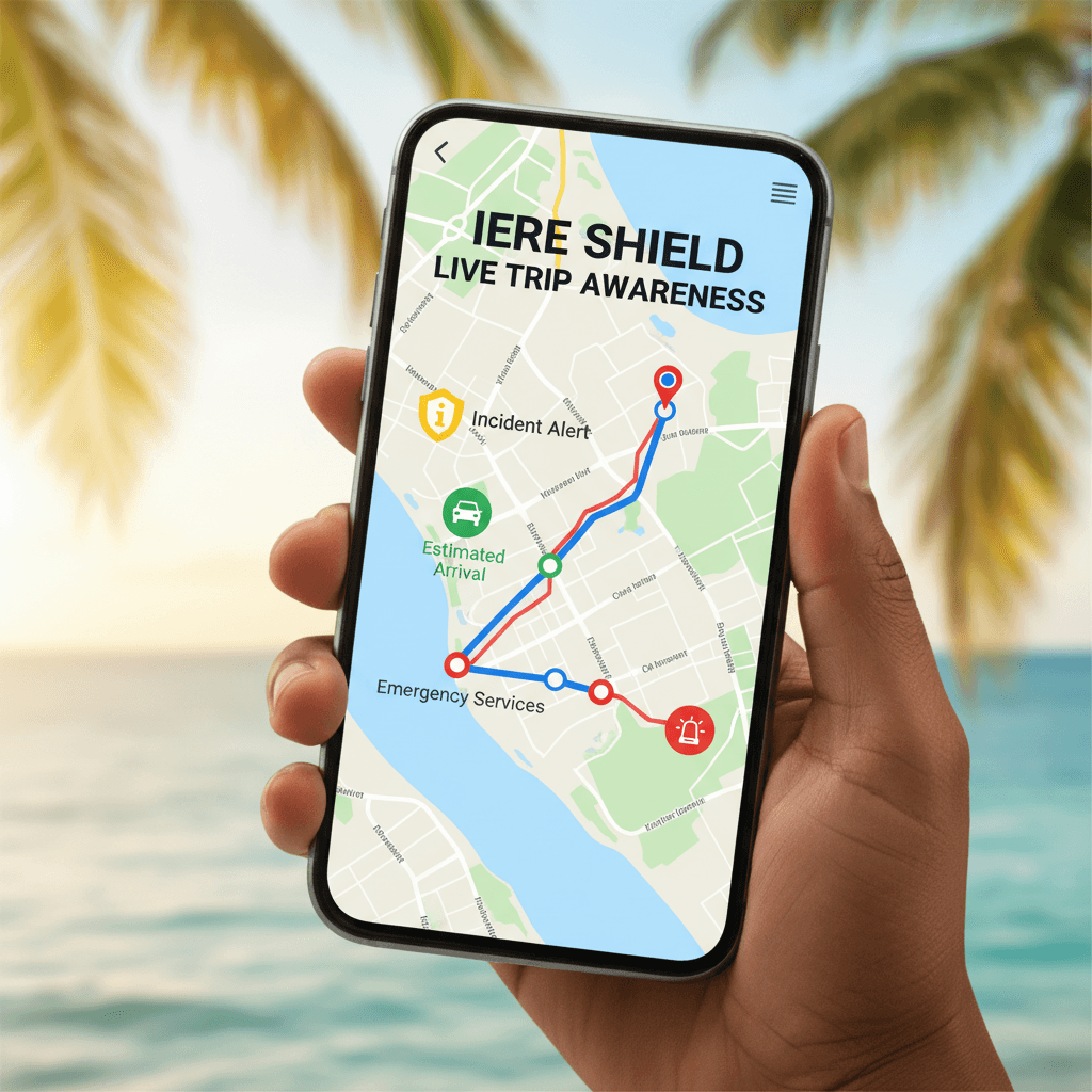 IERE Shield live trip awareness on a smartphone showing a route map