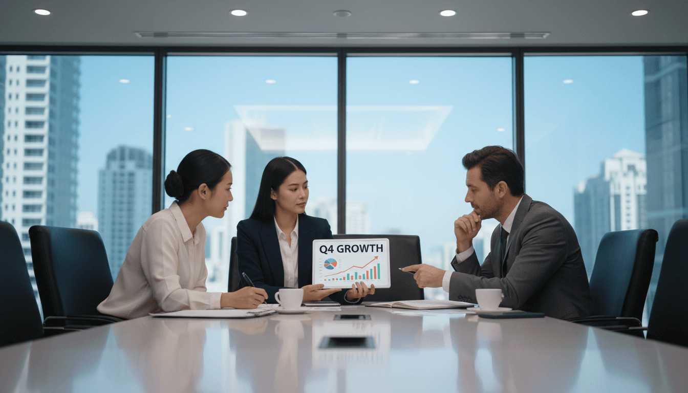 Business professionals reviewing data on a tablet in a meeting room