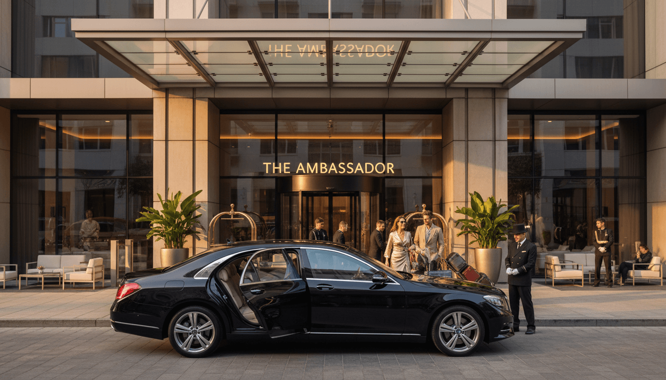 Luxury sedan parked outside modern hotel entrance with concierge and guests