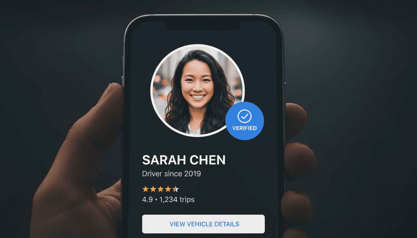 Driver profile screen on smartphone showing verified badge and photo