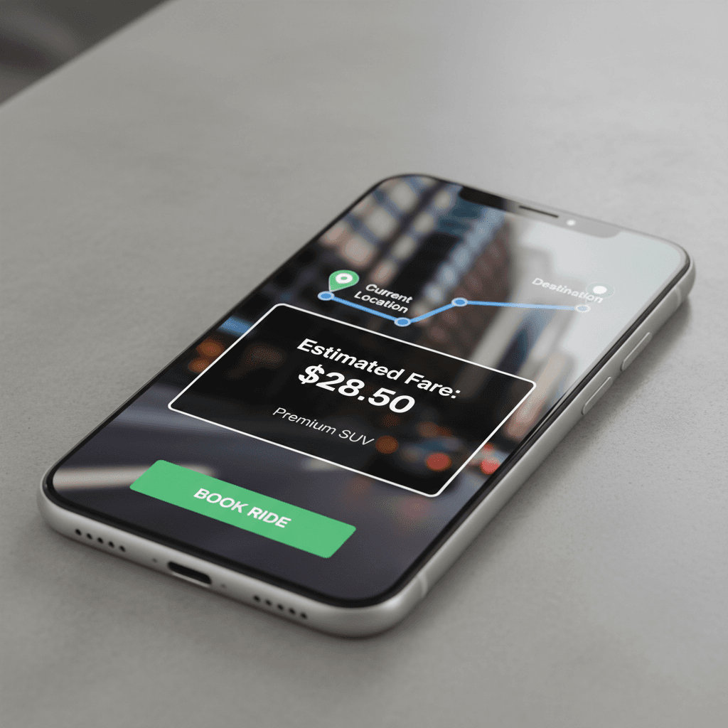 Smartphone displaying a ride booking app with a fare estimate