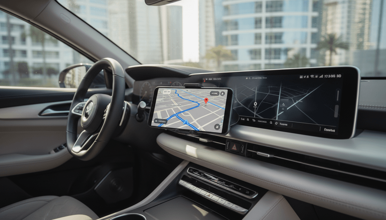 mobile phone showing real time GPS tracking map route in modern car interior
