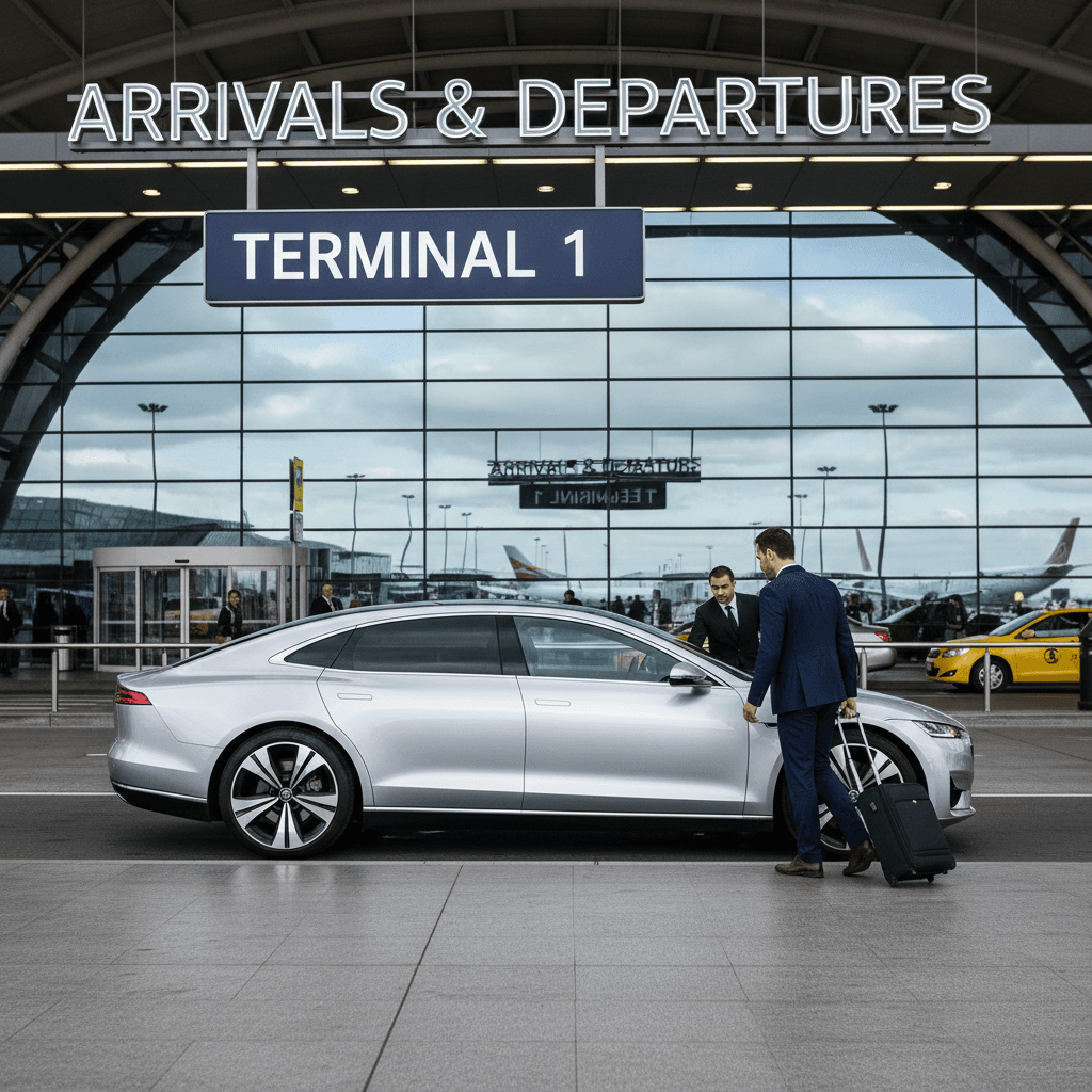 Airport pickup: a traveller with luggage at a terminal curb ready to board a clean sedan